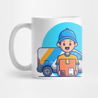 Man courier shipping package with car Mug